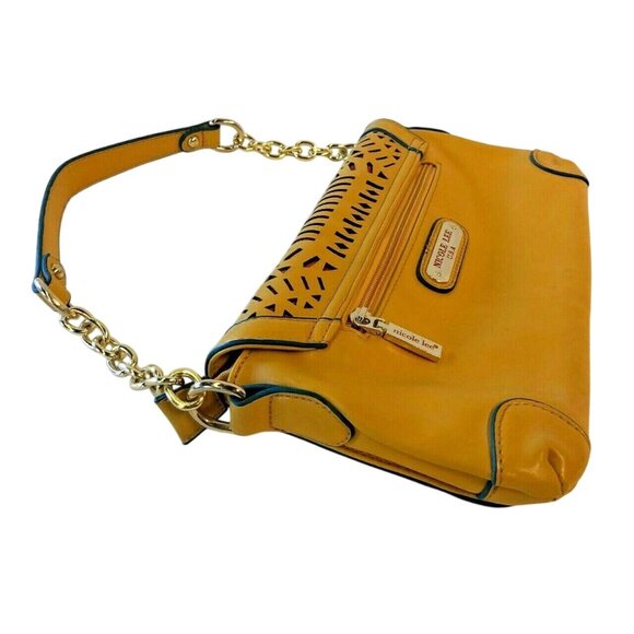 Nicole Lee Shoulder Handbag Purse Mustard Yellow Cut Out Rinestones Faux Leather - Picture 11 of 12